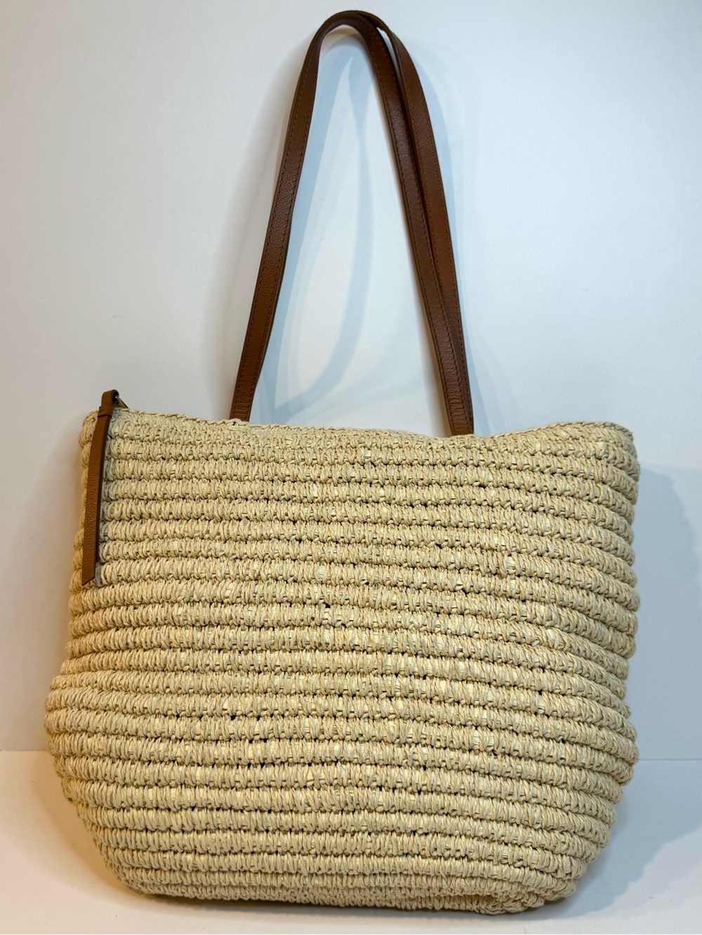 NEW Talbots Straw Shoulder Bag brown leather straps zipper top